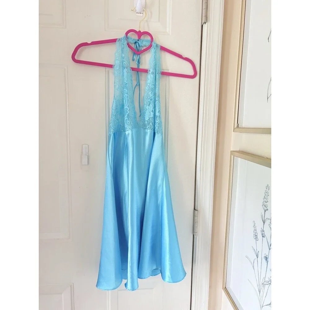 VTG Frederick’s of Hollywood Blue Satin Lace Dress Lingerie Size L Sexy Backless - Picture 11 of 11